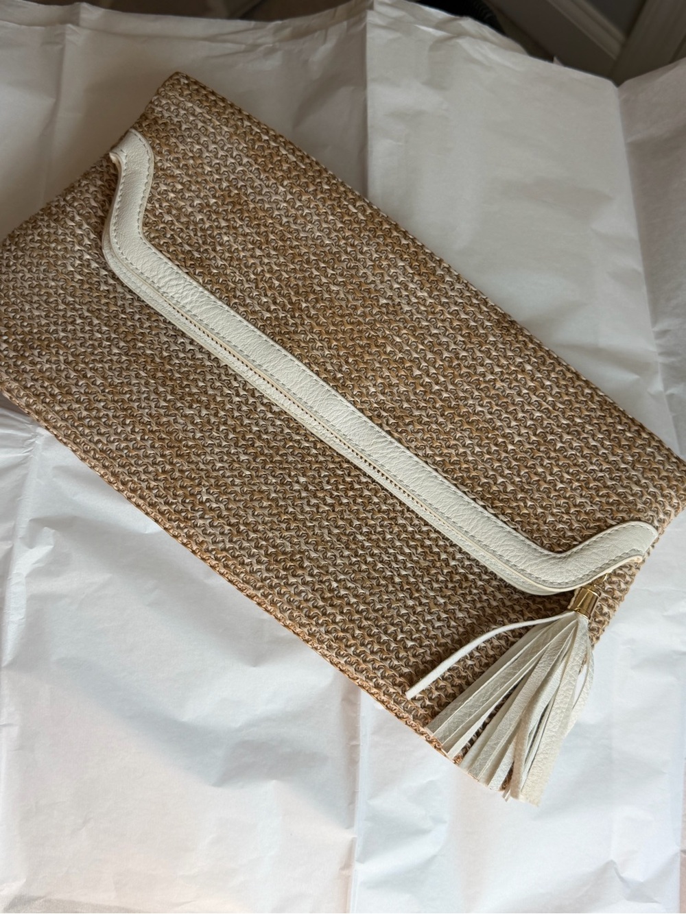 Woven Straw Clutch with Cream Leather Trim and Tassel Detail